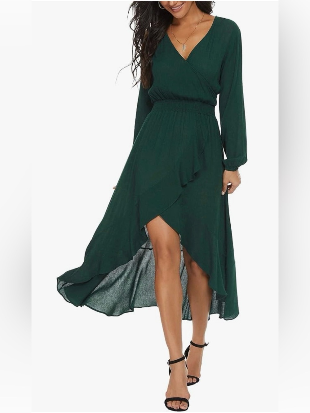 Kormei Women's Emerald Green Wrap High-Low Dress Long Sleeve